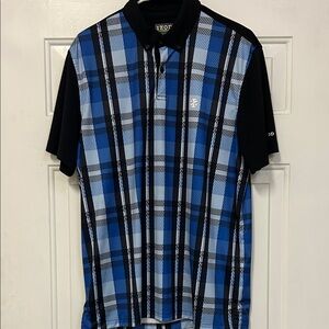 (👑3 For $25)Izod Golf Men's Medium Blue and Black Checkered Polo Shirt